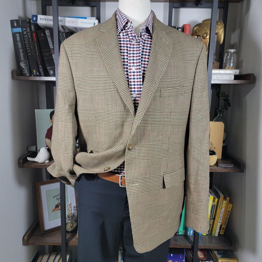 Alan Flusser Men's Sport Coat Blazer Two Button‎ Brown Plaid Lambs Wool Size 46L